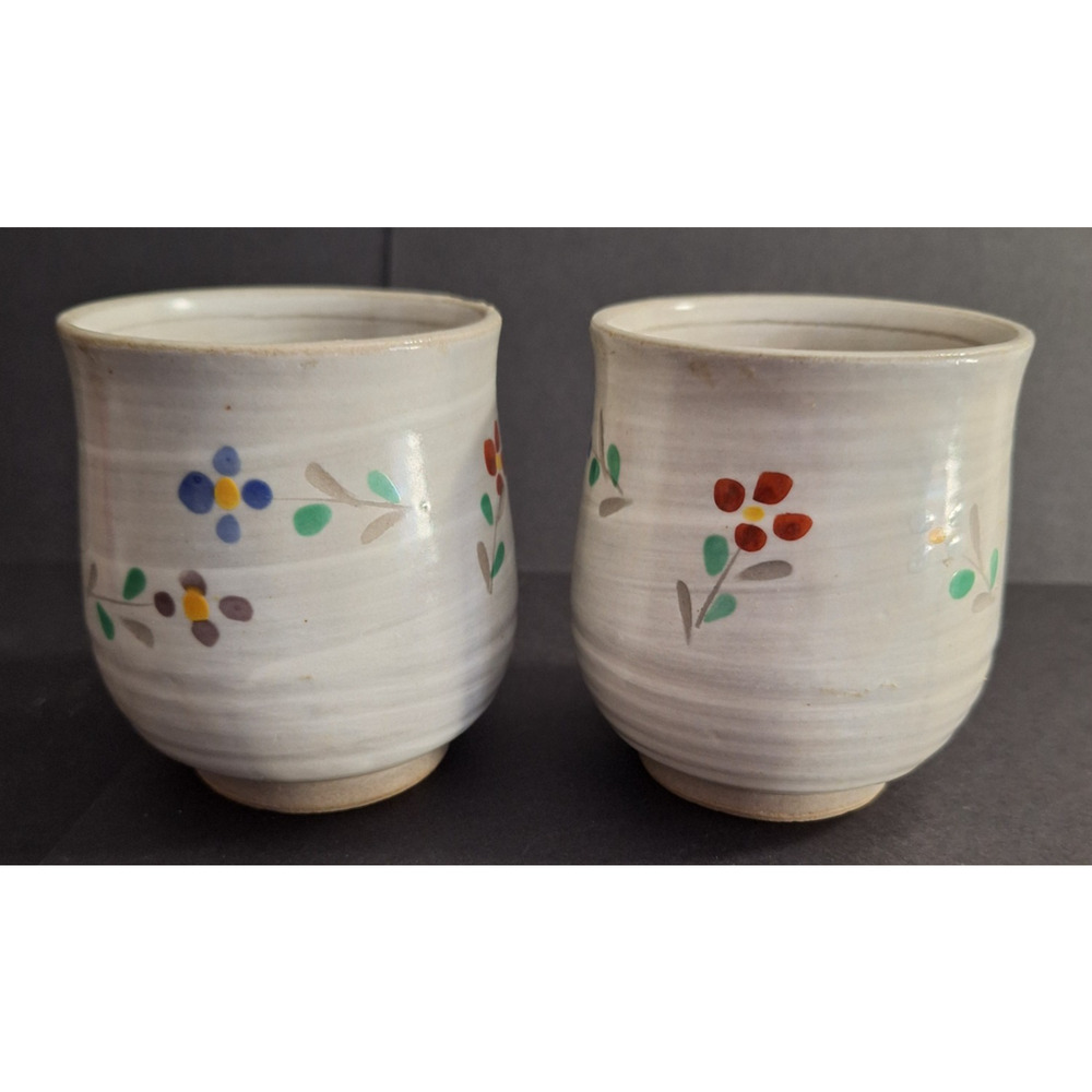 2 Pc Japanese Pottery Teacup Yunomi Style Hand Painted Florals